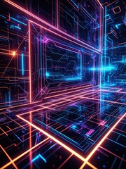 Obraz premium Futuristic neon grid lines with perspective view