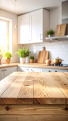 Fototapeta premium Sunny kitchen with wood countertop, white cabinets, plants