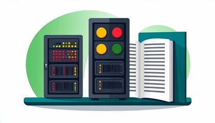 Digital technology illustration featuring server racks with blinking lights, a book, and a vibrant green backdrop for showcasing modern business and data management concepts.