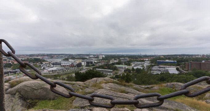 Timelapse panorama view of Gothenburg, Sweden at day with fast moving clouds. Dolly Pan. 4K. 25p