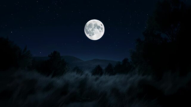 Night landscape with moonlit field and trees