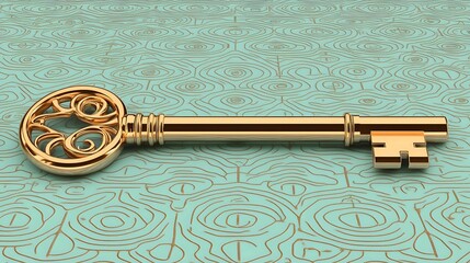 Golden vintage key with ornate decorative head lying on mint green patterned background featuring swirling ornamental design, luxury symbolic concept.