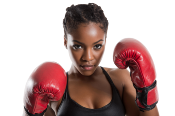 Female boxer posing with red gloves in close up stance isolated on transparent png background