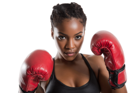 Female boxer posing with red gloves in close up stance isolated on transparent png background
