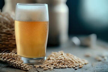 Fresh cold beer glass with foam head surrounded by raw barley grains and wheat ears on rustic surface, selective focus with blurred background.