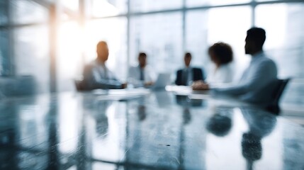 Blurred silhouettes of a business team in a collaborative meeting working in a bright modern office setting with natural light