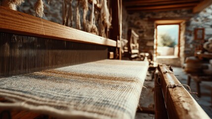 Obraz premium Traditional weaving loom indoors detailed view of textile craftsmanship