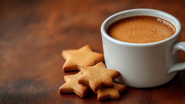 Hot chocolate drink in white ceramic cup with star shaped ginger cookies on rustic wooden background. Cozy winter beverage and homemade biscuits.