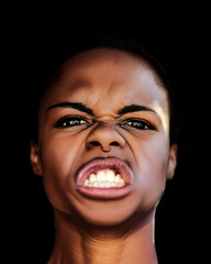 Shaved black woman with an angry expression