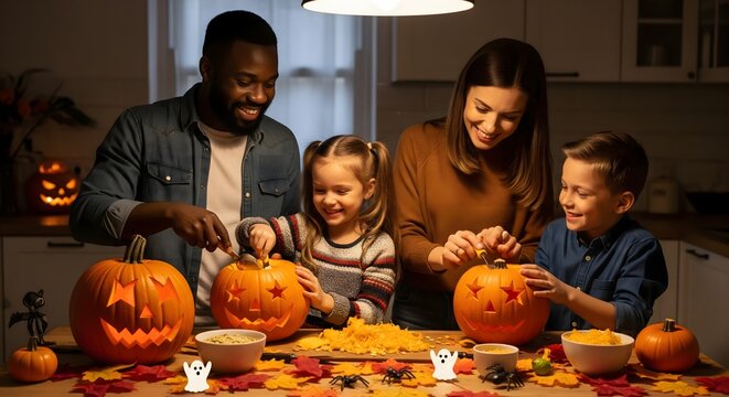 Joyful diverse family enjoys the festive autumn Halloween tradition, carving pumpkins into glowing Jack-o'-lanterns at home for a fun and creative celebratory evening