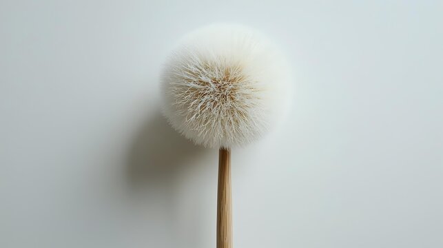 Delicate dandelion seed head on wooden stem against light background, casting soft shadow. Minimalist nature macro photography for wellness and simplicity concepts. - Powered by Adobe