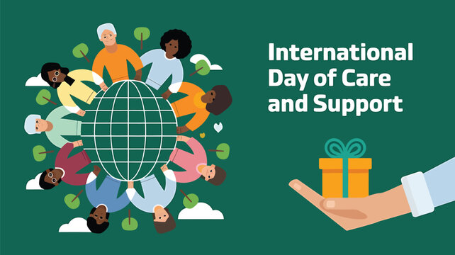 Vector art of international day of care and support illustration with diverse people around the globe and a hand offering a gift