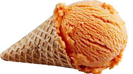 Orange creamy ice cream scoop in crispy waffle cone isolated on white background, fresh frozen dessert with textured details and smooth surface.