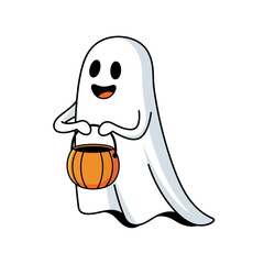 A cartoon ghost with a smiling face holding a pumpkin-shaped trick-or-treat bucket.