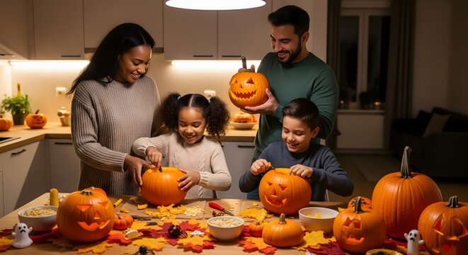 Happy diverse family with two children carving pumpkins in the kitchen, making jack-o'-lanterns for a fun Halloween celebration at home