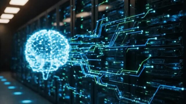 Glowing brain hologram in a server room representing artificial intel - Powered by Adobe