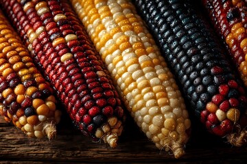 Colorful ornamental corn cobs in vibrant autumn colors including red, yellow, orange, and black varieties arranged diagonally on rustic wooden surface in macro view.