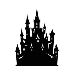Obraz premium Spooky haunted castle silhouette with jagged edges and pointed towers against a white background, perfect for Halloween designs.
