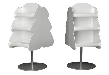 Christmas tree shaped trade display stand on metal pole with round base. Set of 3d illustrations transparent background