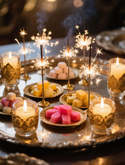 Diwali Flatlay Advertisement Decorative Tray Sparklers Brass Plates Sweets Decorative Candles Warm Ambient Lighting Cozy Joyful Evening Atmosphere