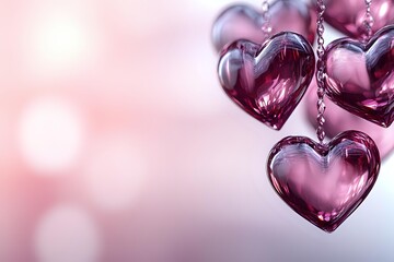 Obraz premium Pink glass heart pendants on chains against soft blurred background with bokeh lights create romantic Valentine's Day or love concept atmosphere.