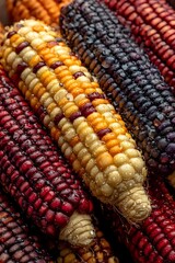 Colorful ornamental corn cobs showing vibrant purple, red, yellow and black kernels in macro close up view, fresh harvest agricultural produce.