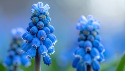 Close-up of vibrant, light-blue, clustered flowers. Soft focus background