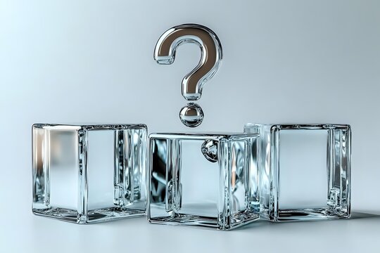 Metallic silver question mark floating above transparent glass cubes on light background, conceptual mystery and solution composition for business presentations.