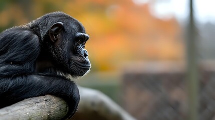 Thoughtful chimpanzee in profile view resting chin on arm against blurred autumn background, displaying contemplative expression and natural primate behavior in wildlife setting.