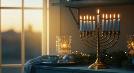 Hanukkah menorah with candles glowing on a table by the window  