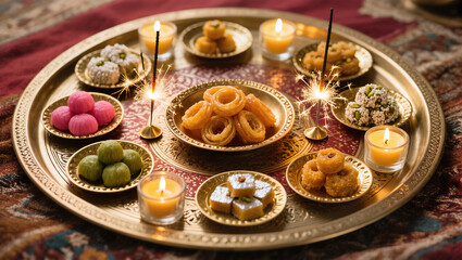 Diwali Flatlay Advertisement Decorative Tray Sparklers Brass Plates Sweets Decorative Candles Warm Ambient Lighting Cozy Joyful Evening Atmosphere