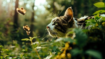 Curious cat watching butterflies in lush green garden setting, soft natural lighting creates dreamy atmosphere as feline observes insects in summer environment.