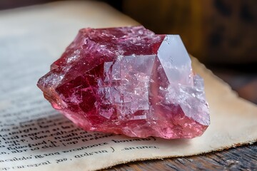 Raw pink tourmaline crystal specimen on vintage book page shows natural mineral formation with translucent angular faces and rough texture in macro photography.