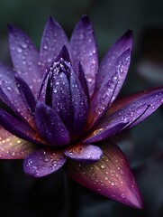 Purple water lily with morning dew drops on petals against dark background, creating dramatic natural lighting and moody atmosphere in garden pond setting.