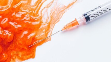 A syringe with an orange substance spills onto a white surface, creating a vibrant and dynamic visual effect.