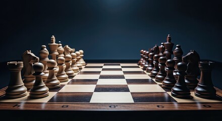 A Strategic Chess Game Setup on a Wooden Board