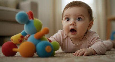 Baby girl crawling on carpet and reaching for colorful toy  