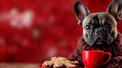 French Bulldog in brown knitted sweater with red coffee cup and gingerbread cookies against blurred red festive background. Holiday pet portrait.