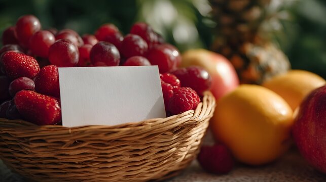 A woven basket overflows with fresh red grapes strawberries and raspberries featuring a blank white card for a message set against a backdrop of