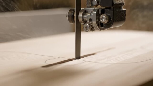 Bandsaw Cutting Wood Along Drawn Line in Workshop