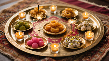 Diwali Flatlay Advertisement Decorative Tray Sparklers Brass Plates Sweets Decorative Candles Warm Ambient Lighting Cozy Joyful Evening Atmosphere
