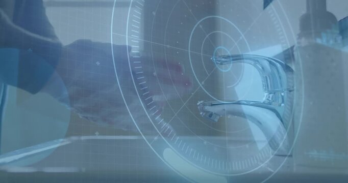 Woman's hands reaching chrome faucet and activating sensor, health HUD guiding handwashing routine