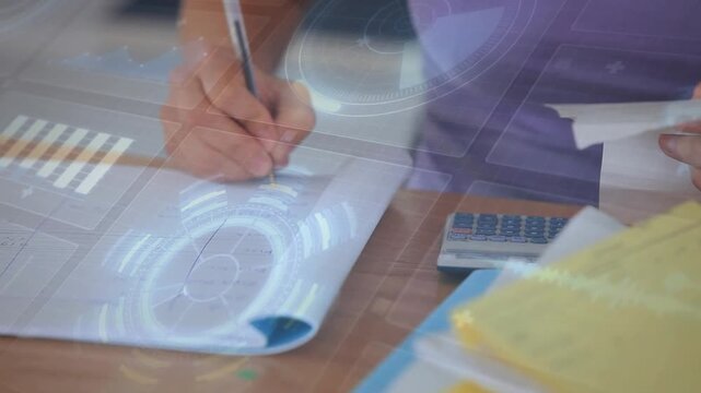 Person picking receipt and writing expenses in notebook while finance overlays visualizing totals