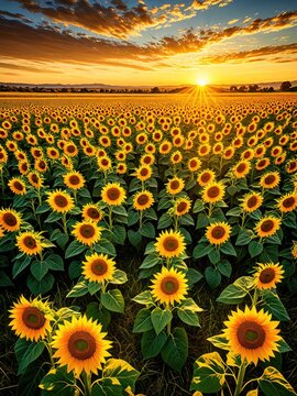 Sunflowers in a field at sunset with golden rays