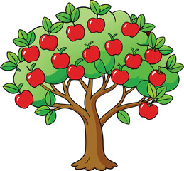 Cartoon apple tree laden with ripe red fruit and green leaves