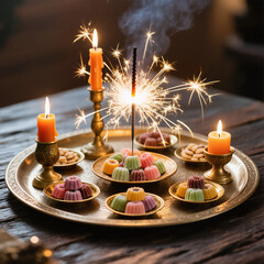 Diwali Flatlay Advertisement Decorative Tray Sparklers Brass Plates Sweets Decorative Candles Warm Ambient Lighting Cozy Joyful Evening Atmosphere