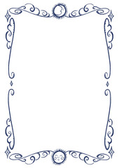 Navy Celestial Tarot Style Transparent A4 Frame Border with sun moon stars clouds night sky theme hand drawn illustration whimsical magical party wedding invitation dark Delft blue drawing Halloween