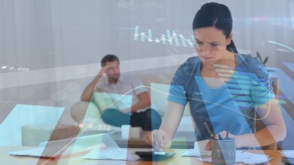 Woman grabbing receipt, tapping calculator, managing finance with animated charts showing stress - Powered by Adobe