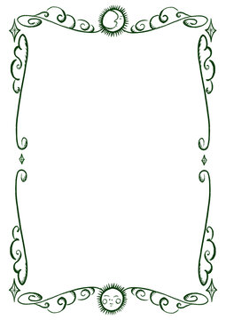 Emerald Green Celestial Tarot Style Transparent A4 Frame Border with sun moon stars clouds night sky theme hand drawn illustration whimsical magical party wedding invitation dinner drawing Halloween