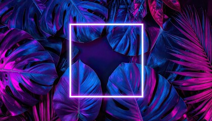 Tropical leaves illuminated by neon light, square frame